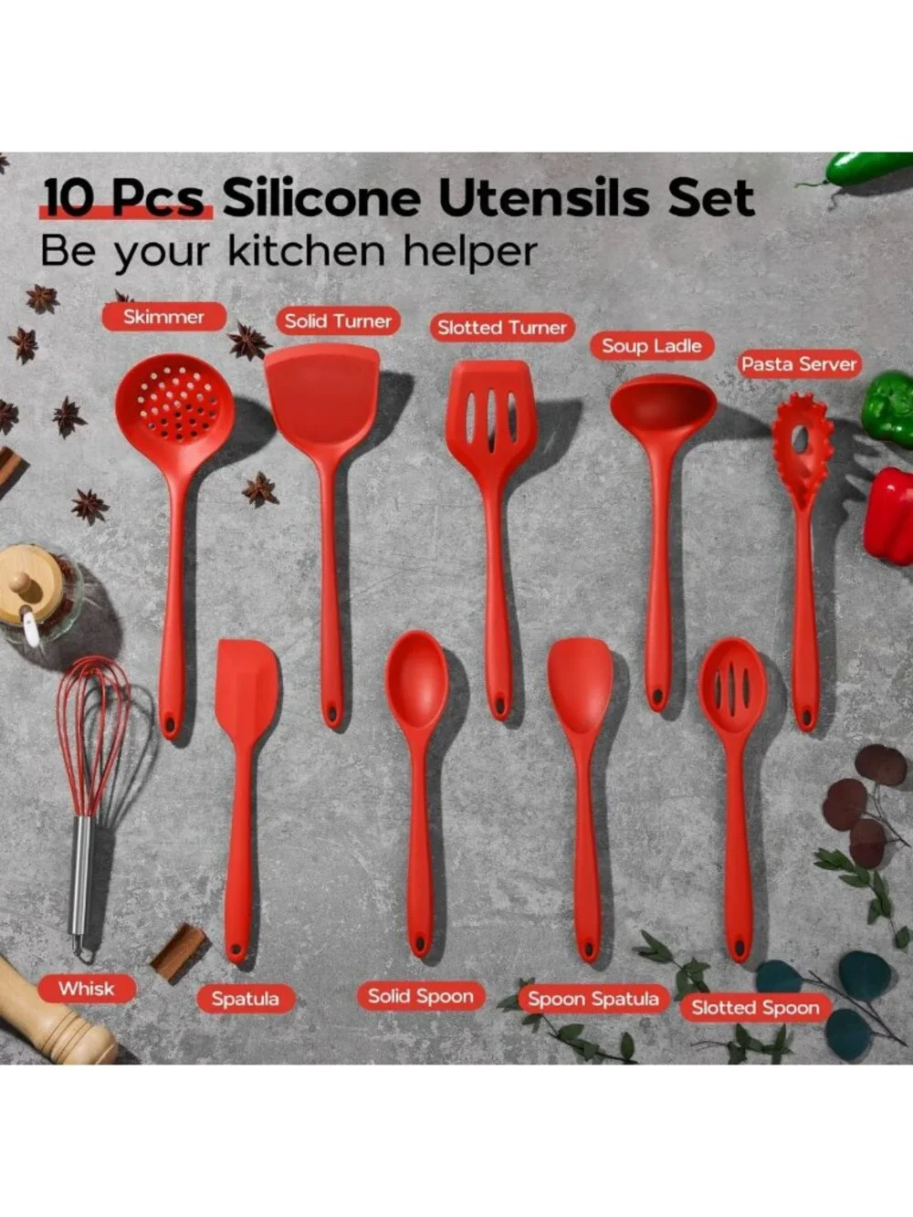 10-Piece Red Silicone Cooking Utensils Set | Non-Toxic, Heat-Resistant Kitchen
